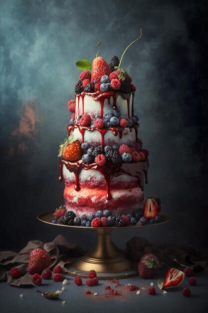 Premium Photo Three Tiered Naked Vanilla Cake With Strawberries