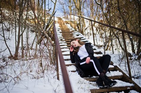 Fashionable Long Legs Brunette Model At Winter Day Stock Photo Image Of Cute Person