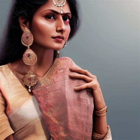 Closeup Portrait Of Indian Woman In Saree Perfect Naked Breast Detailed Face Exact Proportoin