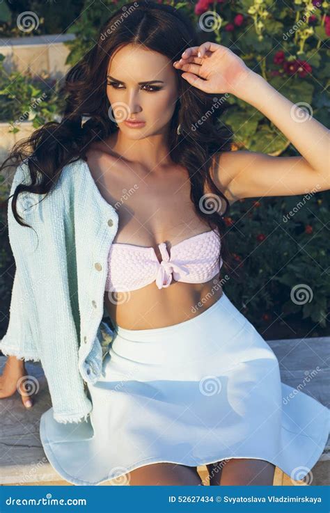 Beautiful Woman With Dark Hair In Elegant Suit And Bikini Stock Photo Image Of Beauty