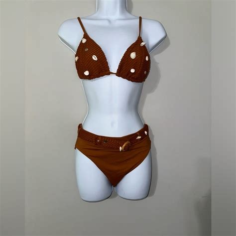 WeWoreWhat Swim We Wore What Brown Seashell Triangle Top High Waist Belted Bottom Bikini