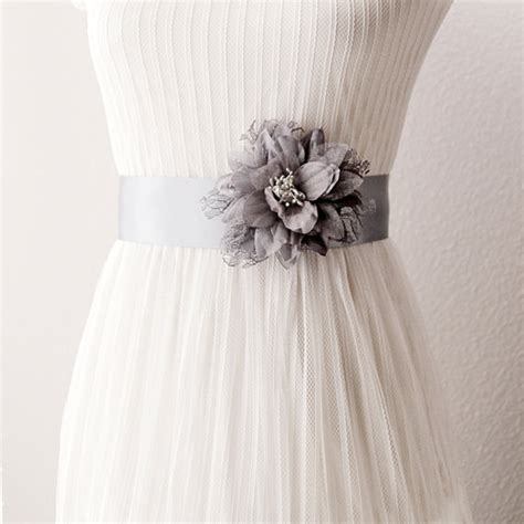 Bridal Couture Silver Grey Lace Flower Ribbon Sash Belt Wedding