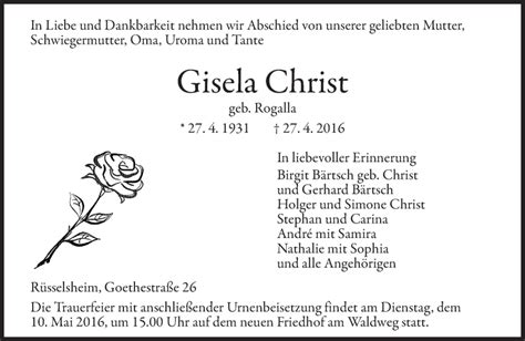 Traueranzeigen Von Gisela Christ Vrm Trauer De