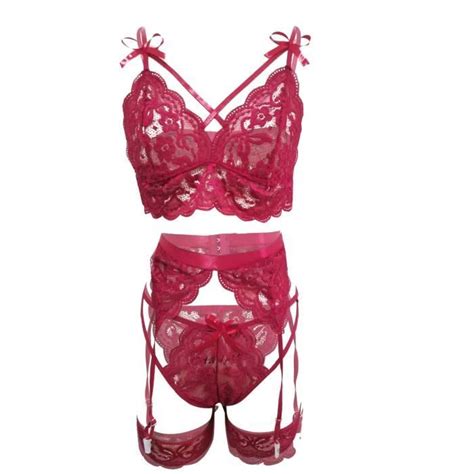 Ensemble de lingerie 3 pièces sexy pour femmes avec nœud en dentelle voir à travers la lingerie