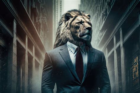 Portrait Of A Lion In A Business Suit Walking Along The City Street Close Up Generative Ai