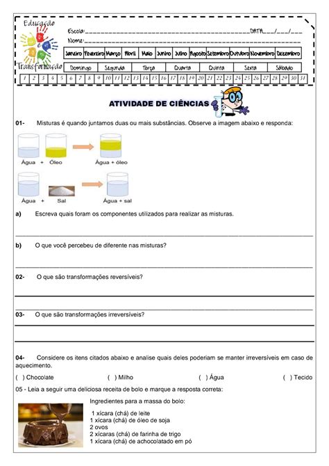 Atividade Sobre Misturas Homogêneas E Heterogêneas 6 Ano