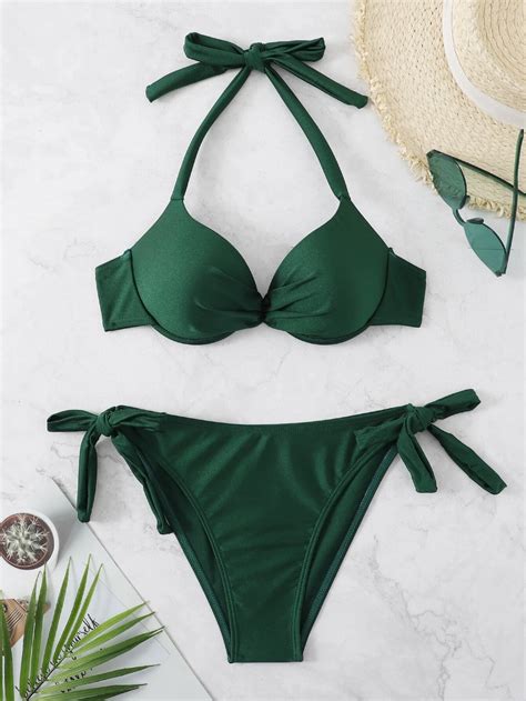 Bañador bikini con nudo trasero fruncido halter push up con cordón