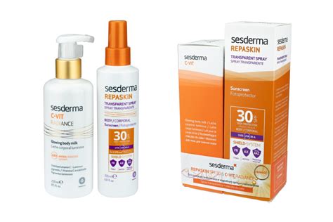 Sesderma ZESTAW Repaskin SPF30 spray C VIT Radiance mleczko do ciała