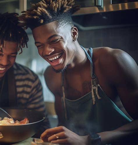 Feliz Y Sexy Pareja Gay Joven Cocinando Comida Juntos En Casa Foto Premium