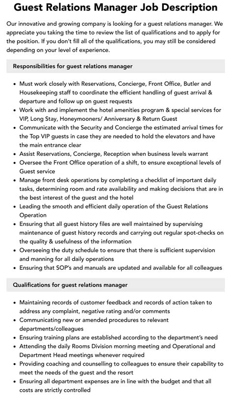 Guest Relations Manager Job Description Velvet Jobs