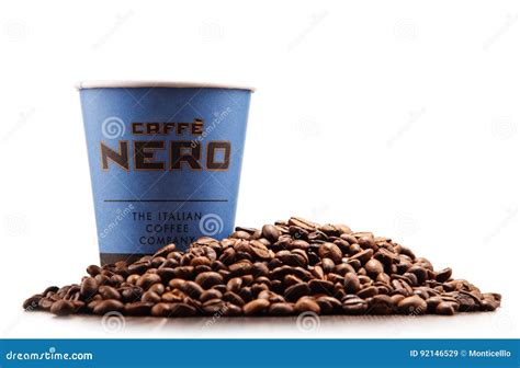 Composition With Cup Of Caffe Nero Coffee And Beans Editorial Stock