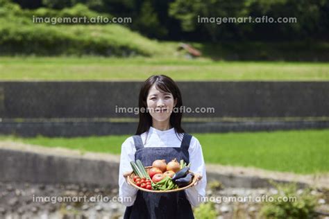 畑の前で採れたての野菜をもつ農家の日本人女性 （人物）の写真素材 225871154 イメージマート