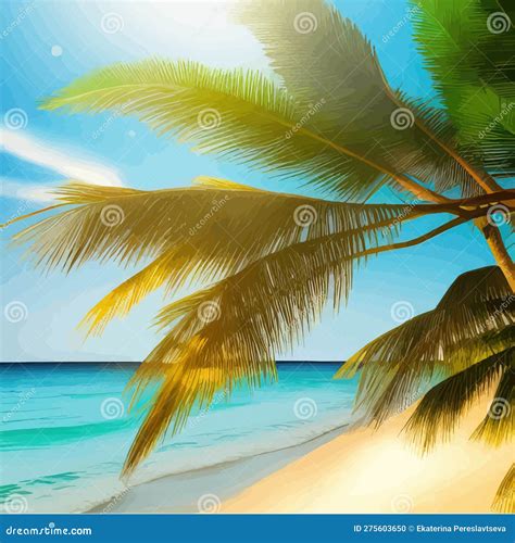 Tropical Paradise Island Sandy Beach Palm Trees And Sea Stock Vector