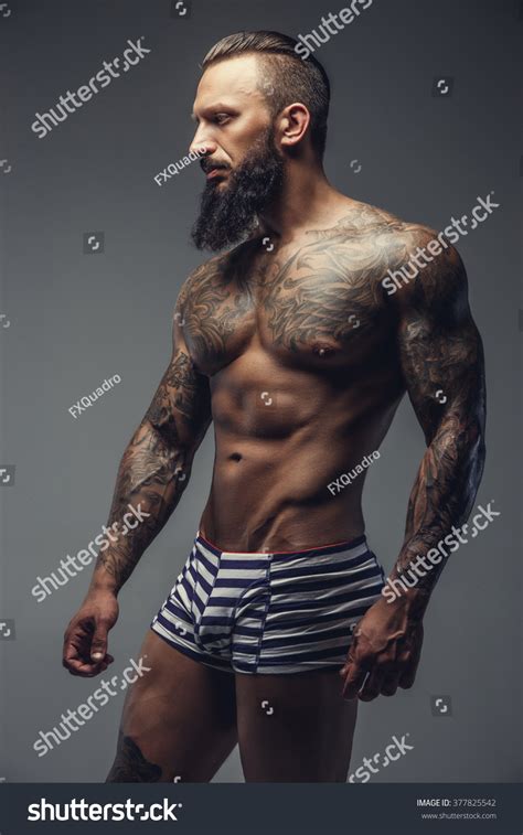 Naked Bearded Man Tattooed Body Standing Stock Photo Shutterstock