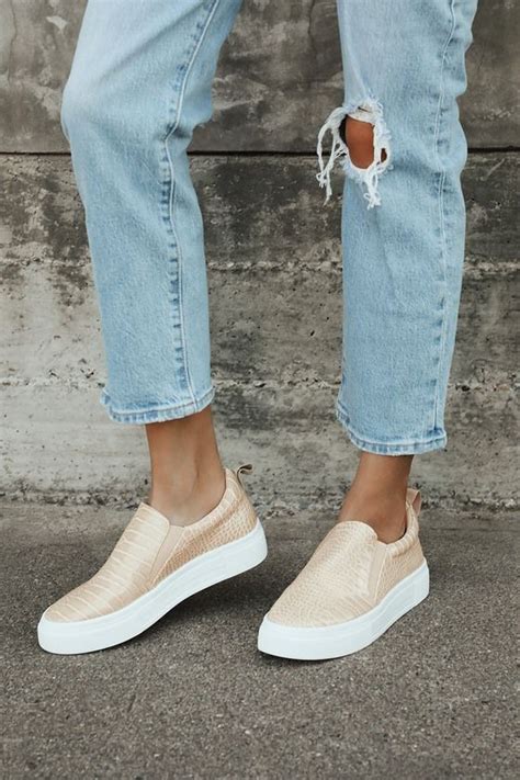 Cassay Light Nude Crocodile Embossed Platform Slip On Sneakers Platform Slip On Sneakers Slip