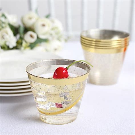 BalsaCircle 25 Glittered 9 oz Clear Plastic Disposable Cups Gold Trim ...