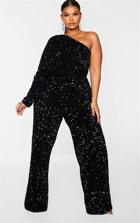 Plus Black Velvet Sequin One Shoulder Jumpsuit Plus Size Prettylittlething Ca