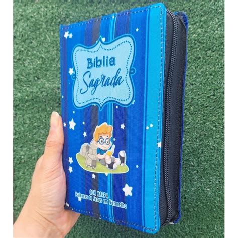 Bíblia Infantil Menino 10 Anos - Bíblia Sagrada Infantil Menino Zíper AZUL C/ Harpa Índice Evangélica ...