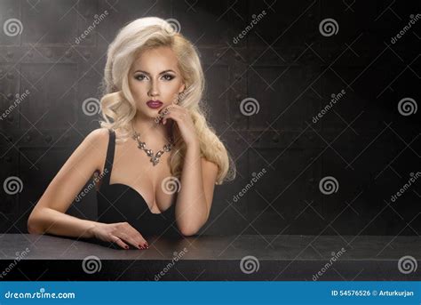 Sensual Blonde Beautiful Woman Posing In Lingerie Bedroom Girl Fitness Model Royalty Free