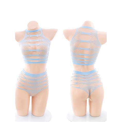 Jual Lingerie Sexy Hot Hollow Out Lingerie Set Jaring Playful Cosplay A186 Biru Muda All Size