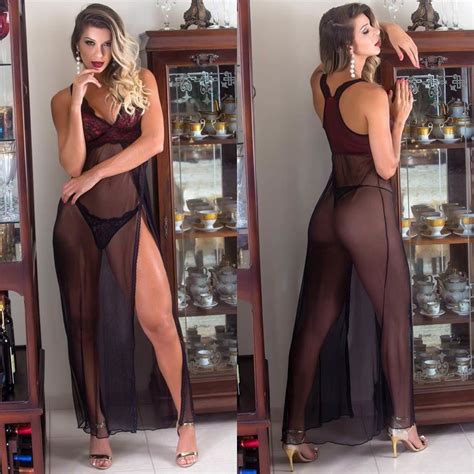 Camisola Longa Em Tule E Renda Calcinha Fio Cor Preta Tulipa Sex Shop Loja Sexy Shop