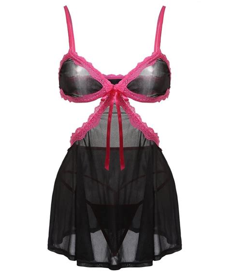 Deep V Neck Sexy Lace Dress G String Lingerie Sheer Babydoll Sleepwear Nightdress Robe Black