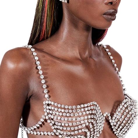Frau Sexy Feste Geometrie K Rperkette Brustkette Strass Bh Kette Kristall Bikini Dessous Silber