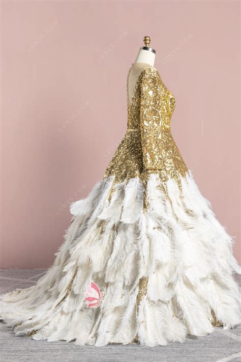 Gorgeous Gold Beading Oversized Ostrich Hair Ball Gown Lunss