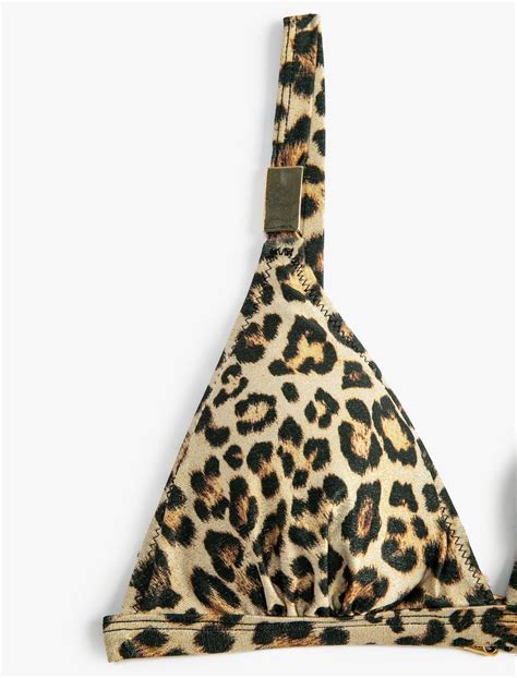 Siyah Kadın Üçgen Bikini Üstü Leopar Desenli Metal Aksesuarlı Kaplı SAK BM Koton
