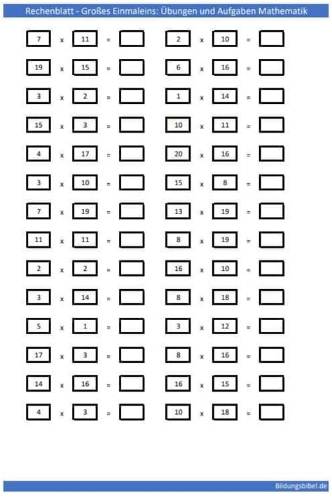 Gro E Einmaleins Lernen Tabelle Vorlage Bungen Beispiele