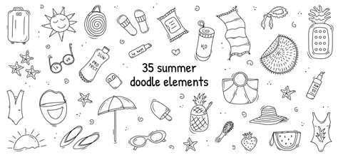 Doodle Set Of Cute Vector Summer Elements Bikini Luggage Slates Beach Towel Water Umbrella