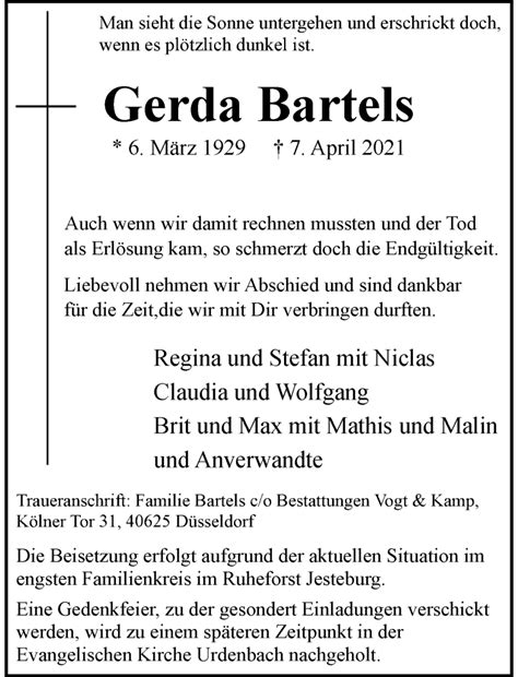 Alle Traueranzeigen für Gerda Bartels trauer rp online de