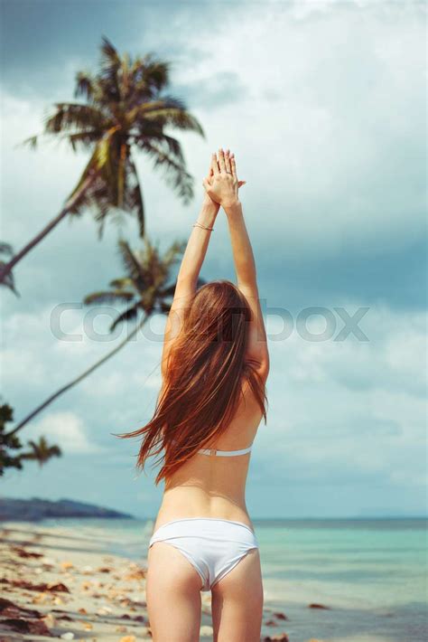 Back View Of Woman In Bikini Standing On Beach Near Ocean Stock Image Colourbox