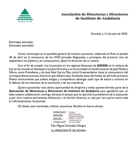 Carta De Despedida De Nuestro Presidente Adian