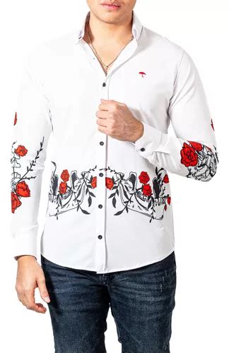 Camisa Hombre Casual Slim Fit Blanca Esqueleto Rosas Alexis Meses Sin