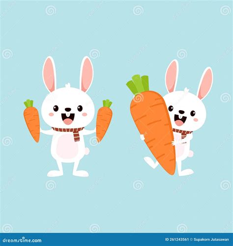 Rabbit Character Design. Cute White Bunny with Carrot Stock