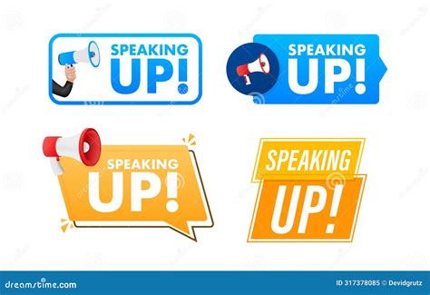 Speak Up Text With Megaphone Label Set Megaphone In Hand Promotion Banner Stock Vector