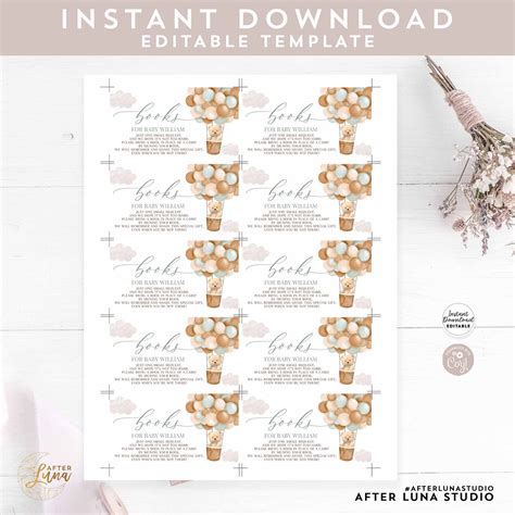 Editable Sage Green Teddy Bear Hot Air Balloon We Can Bearly Wait Baby Shower Bring A Book For