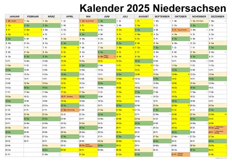Kalender 2025 + Ferien Niedersachsen, Feiertage | pdf, xls und png Vorlagen