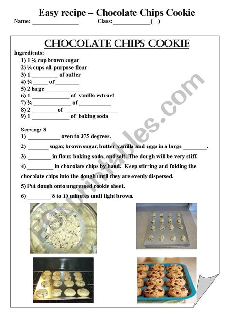 Chocolate Chips Cookie Recipe Esl Worksheet By Sansanman