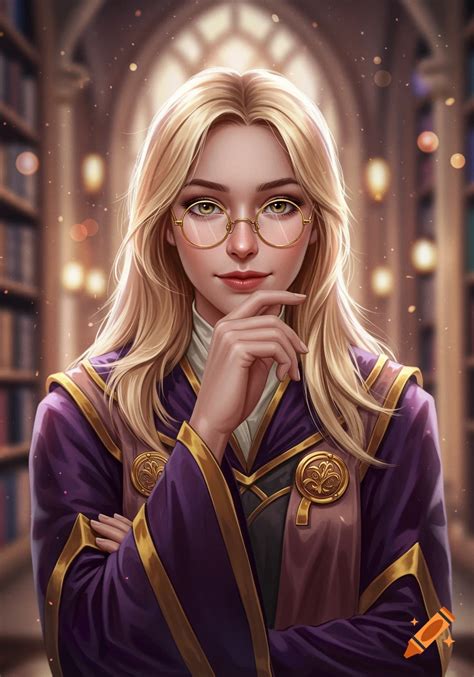 Digital Painting Of A Blonde Woman In Glasses And Purple Robe In A Library On Craiyon