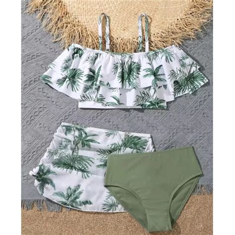 Conjunto de Bikini con estampado de palmeras de coco para niñas traje de baño con faldas y