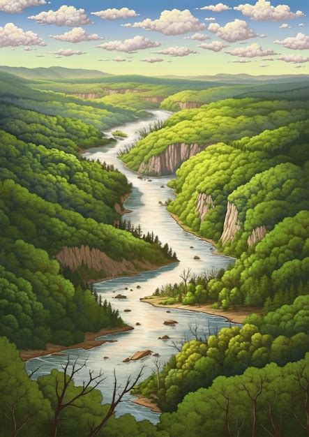 Premium Ai Image Painting Of A River Running Through A Lush Green