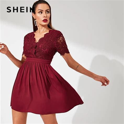 Shein Burgundy Contrast Lacebodice Fit And Flare Dress Elegant Fit And