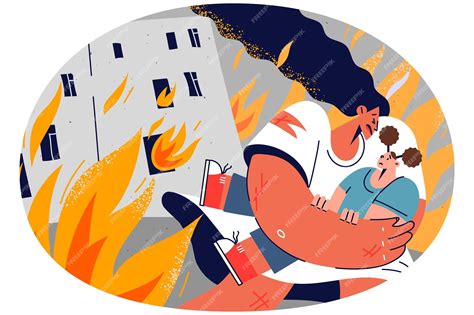 Premium Vector | Caring mother saving small child from burning house ...