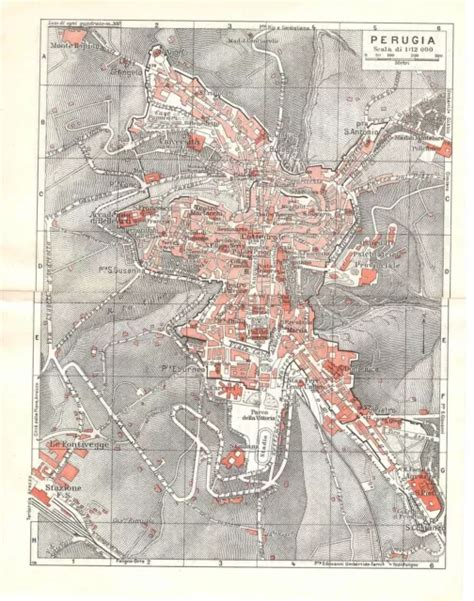 CARTA GEOGRAFICA ANTICA PERUGIA pianta della città TCI 1939 Antique map