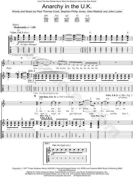 Sex Pistols Anarchy In The U K Guitar Tab In C Major Download