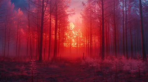 Premium Photo | Red Fog Engulfs Forest Trees