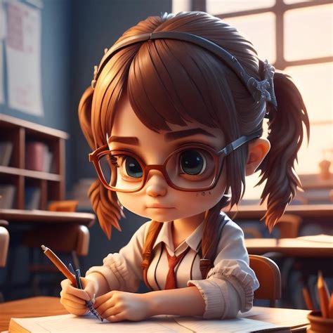 Una Chica De Dibujos Animados Con Gafas Se Sienta En Un Escritorio Con