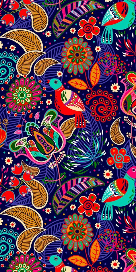 Pattern Colorful Birds Leaf Flowers X Wallpaper Graphic